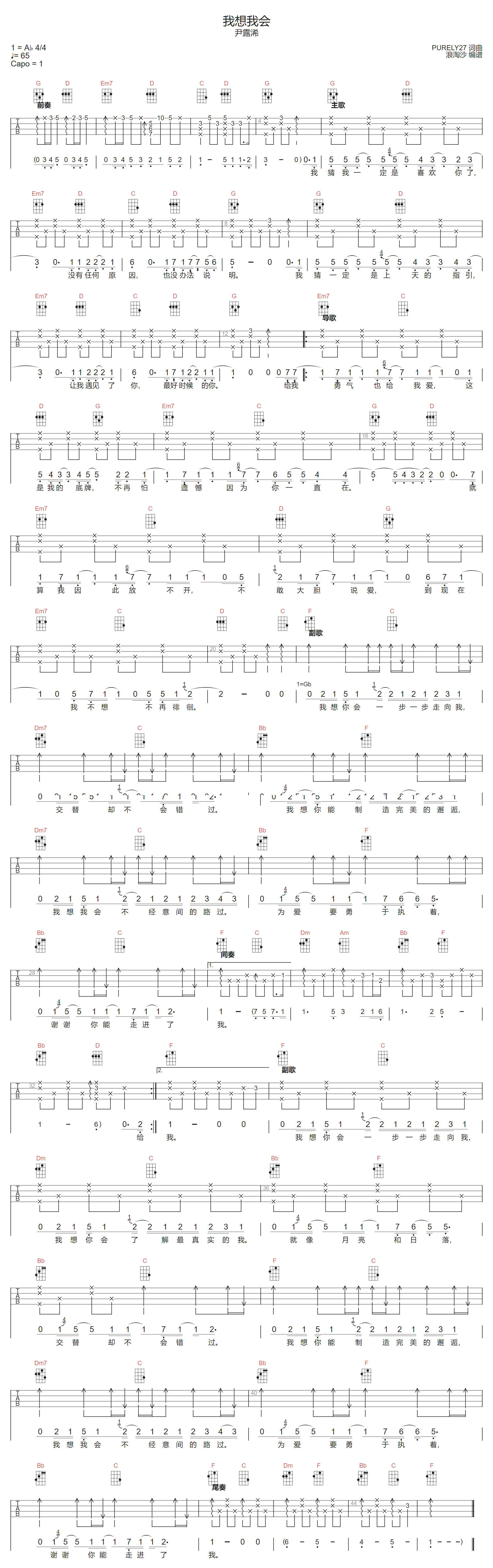 我想我会吉他谱-尹露浠