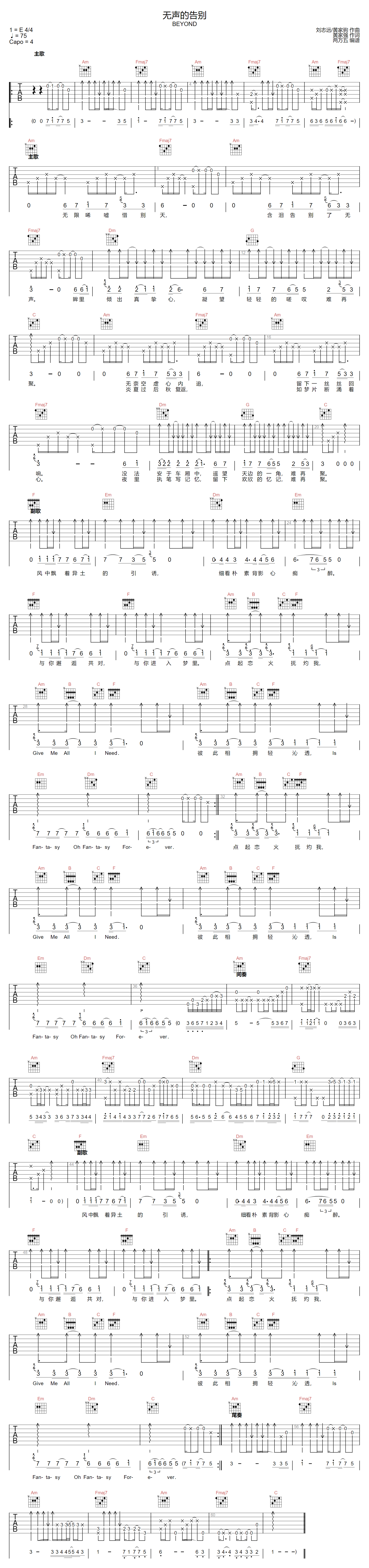 无声的告别吉他谱_Beyond_C调原版编配