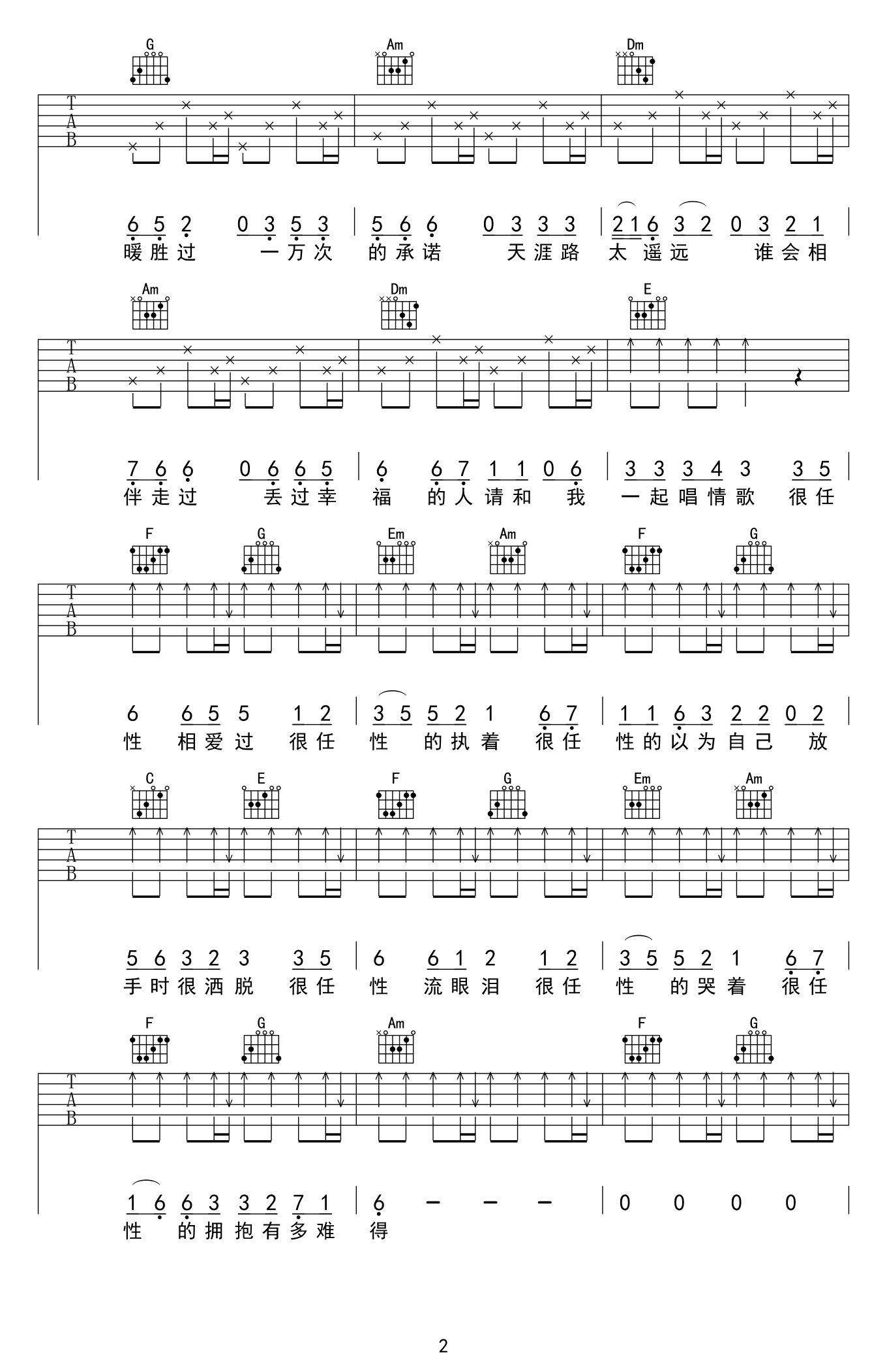 很任性吉他谱2-千百顺