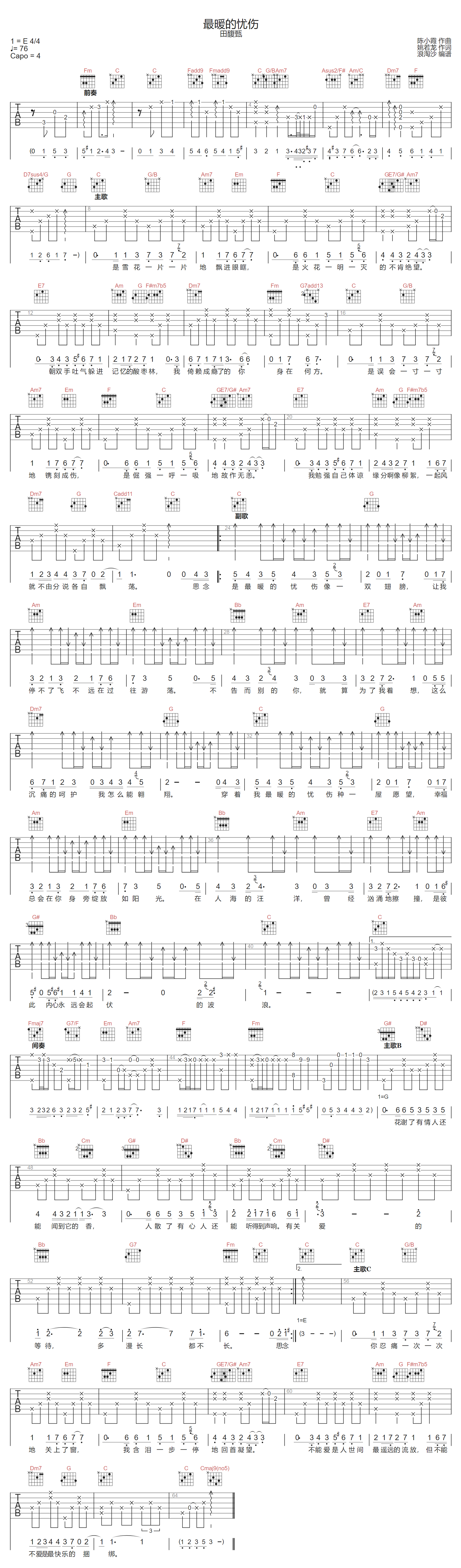 最暖的忧伤吉他谱_田馥甄_C调原版编配