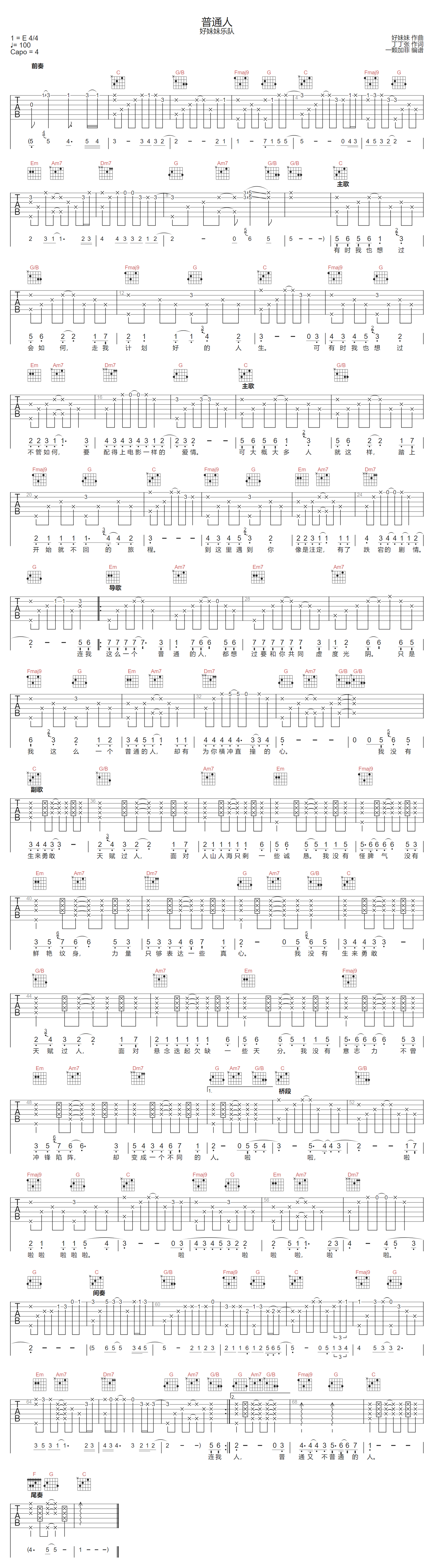 普通人吉他谱_好妹妹乐队_C调原版编配