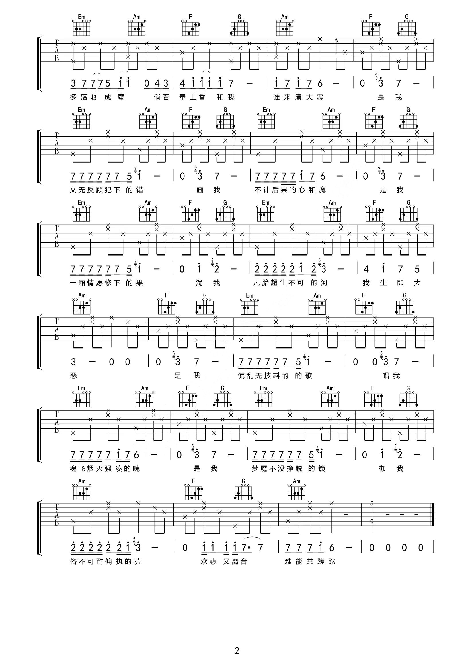 苦厄吉他谱_张嫮目_C调