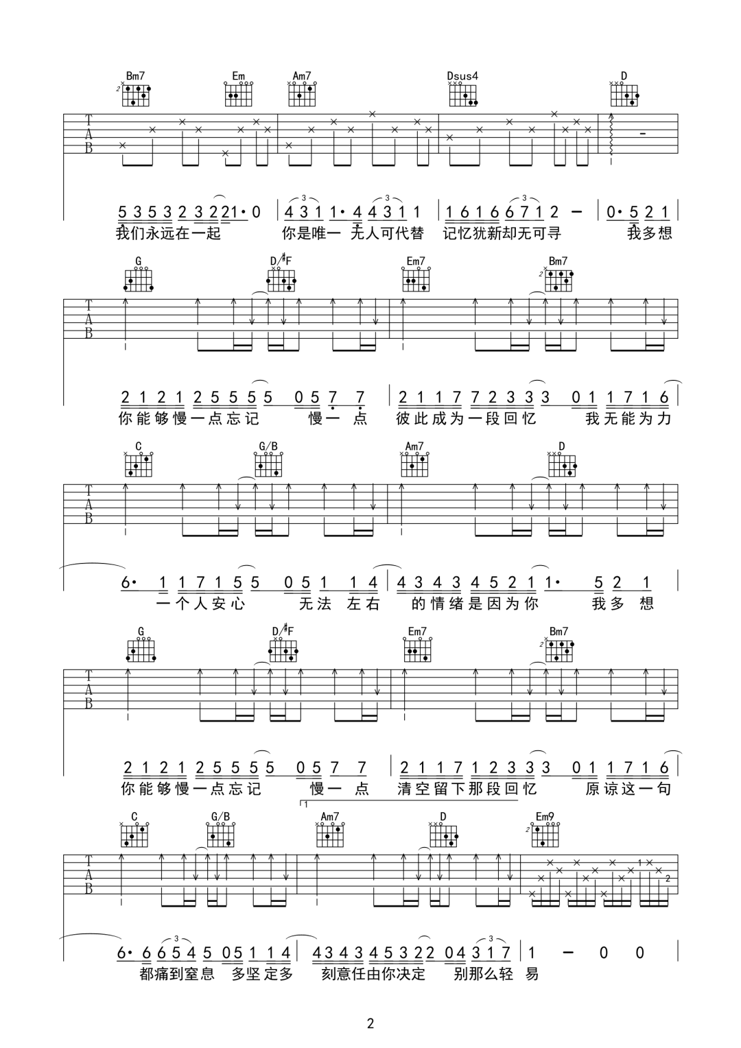 慢一点忘记吉他谱_(烟)许佳豪_G调原版编配