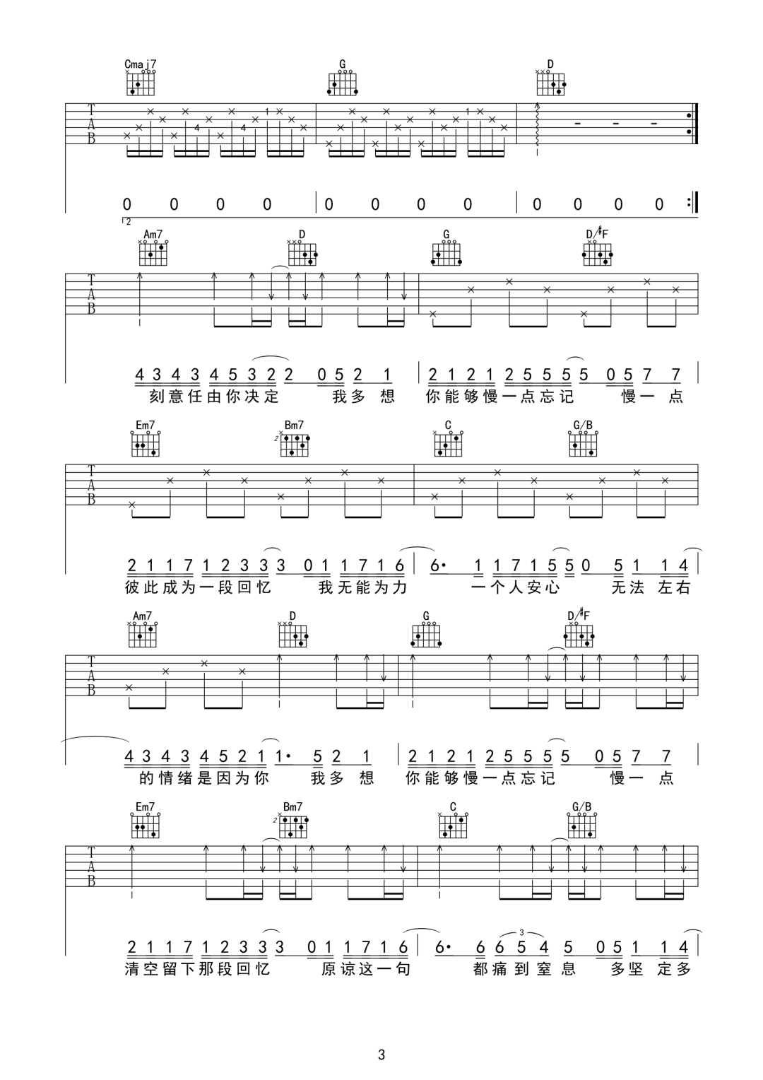 慢一点忘记吉他谱_(烟)许佳豪_G调原版编配